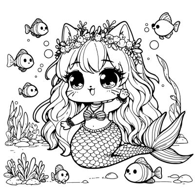 Gato sirena y los peces